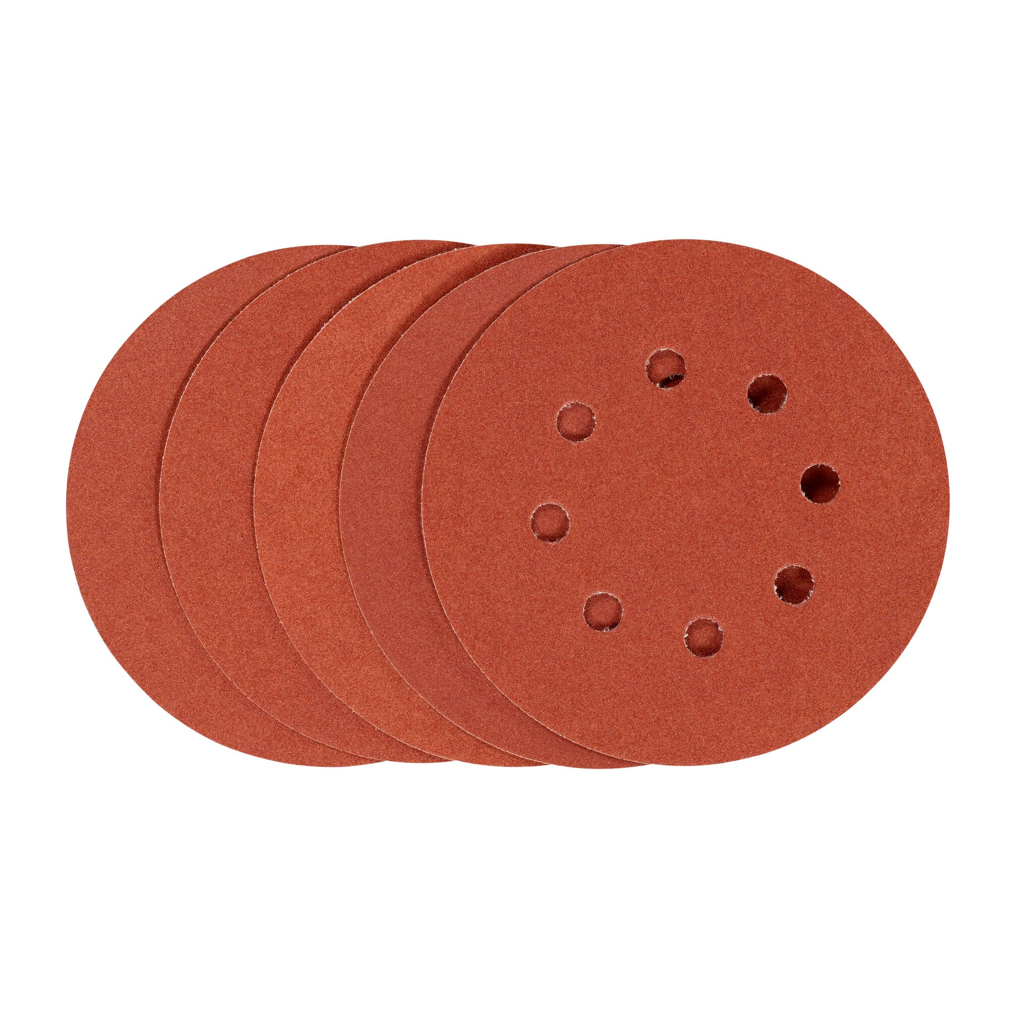 STANLEY STA32182 round sanding discs in red, photography of five pieces with ventilation holes, front angle.